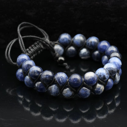 Natural Sodalite Beaded Double Row Macrame Bracelet - ElisaJewelryArt