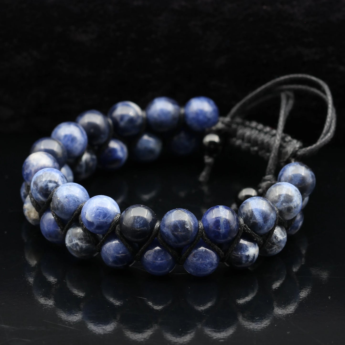 Natural Sodalite Beaded Double Row Macrame Bracelet - ElisaJewelryArt