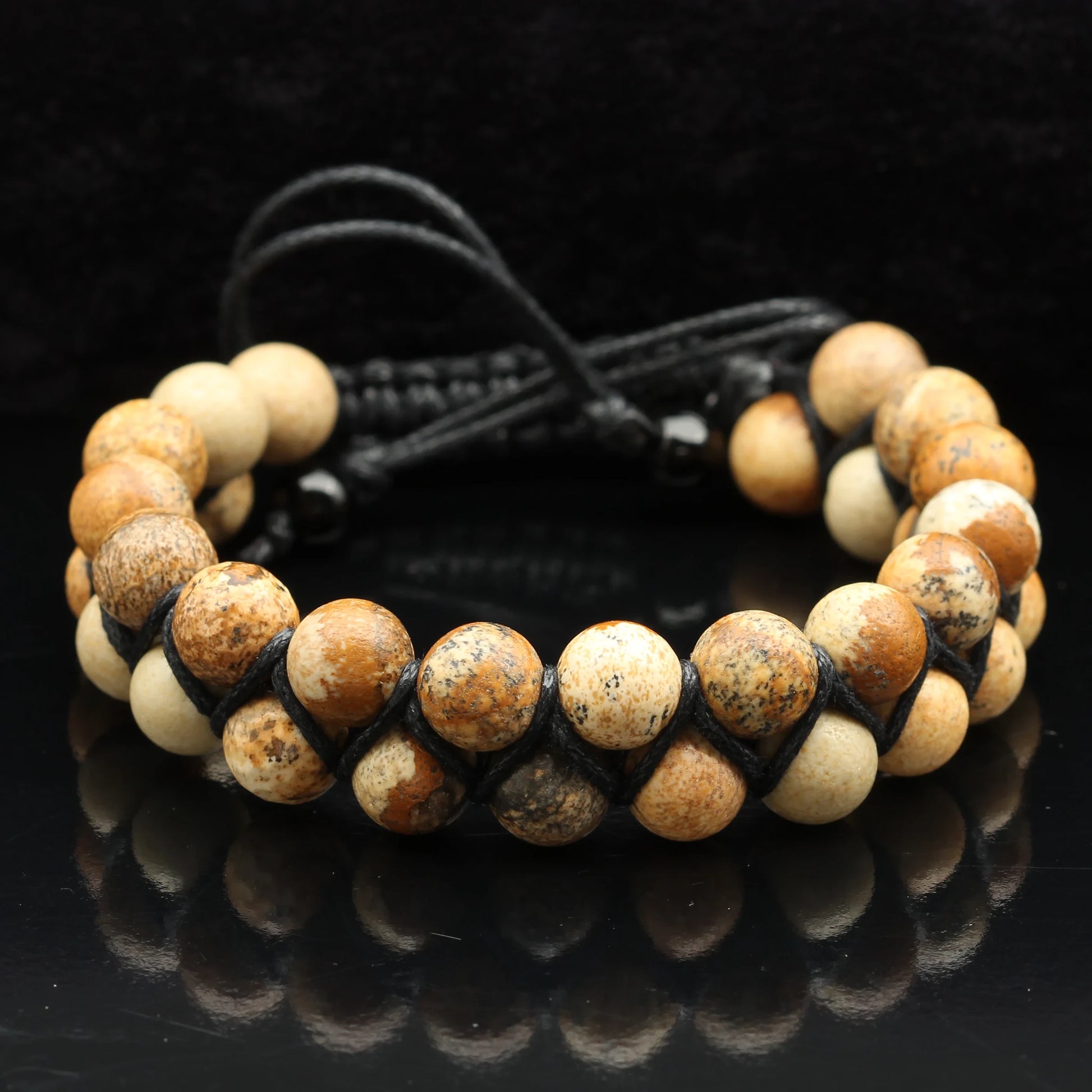 Natural Picture Jasper Beaded Double Row Macrame Bracelet - ElisaJewelryArt