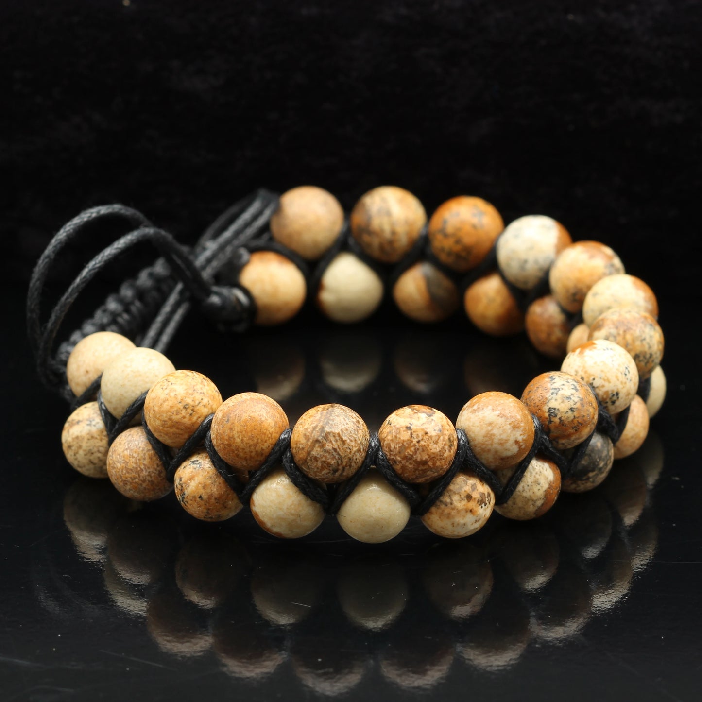 Natural Picture Jasper Beaded Double Row Macrame Bracelet - ElisaJewelryArt