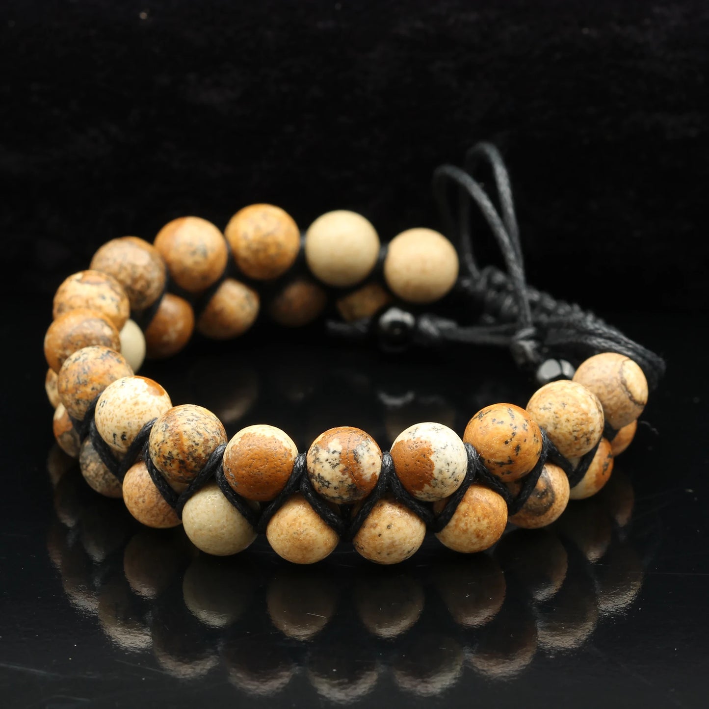 Natural Picture Jasper Beaded Double Row Macrame Bracelet - ElisaJewelryArt