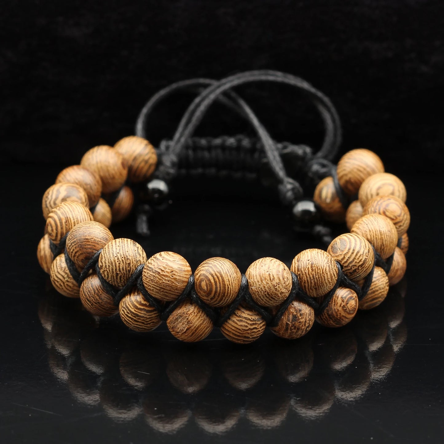 Natural Sandalwood Beaded Double Row Macrame Bracelet - ElisaJewelryArt