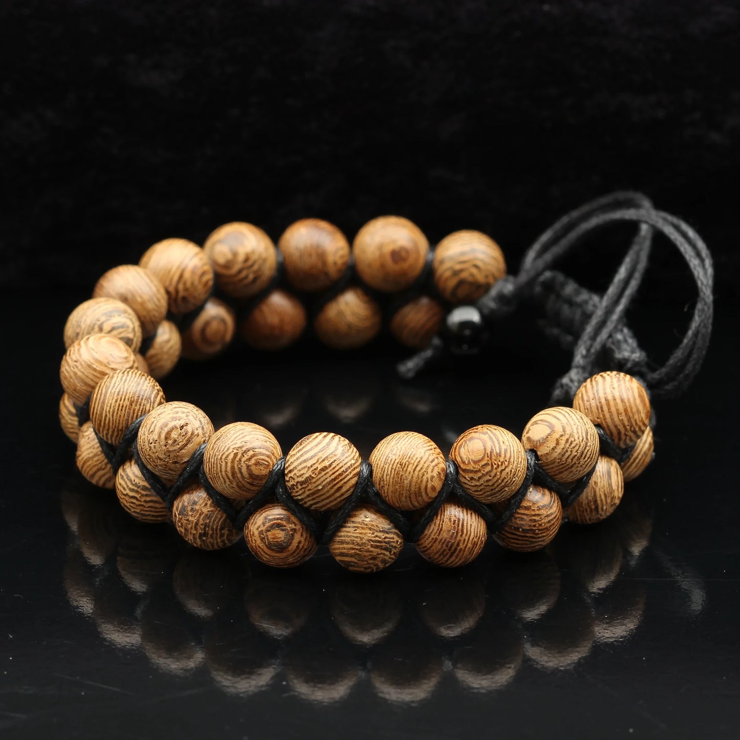 Natural Sandalwood Beaded Double Row Macrame Bracelet - ElisaJewelryArt