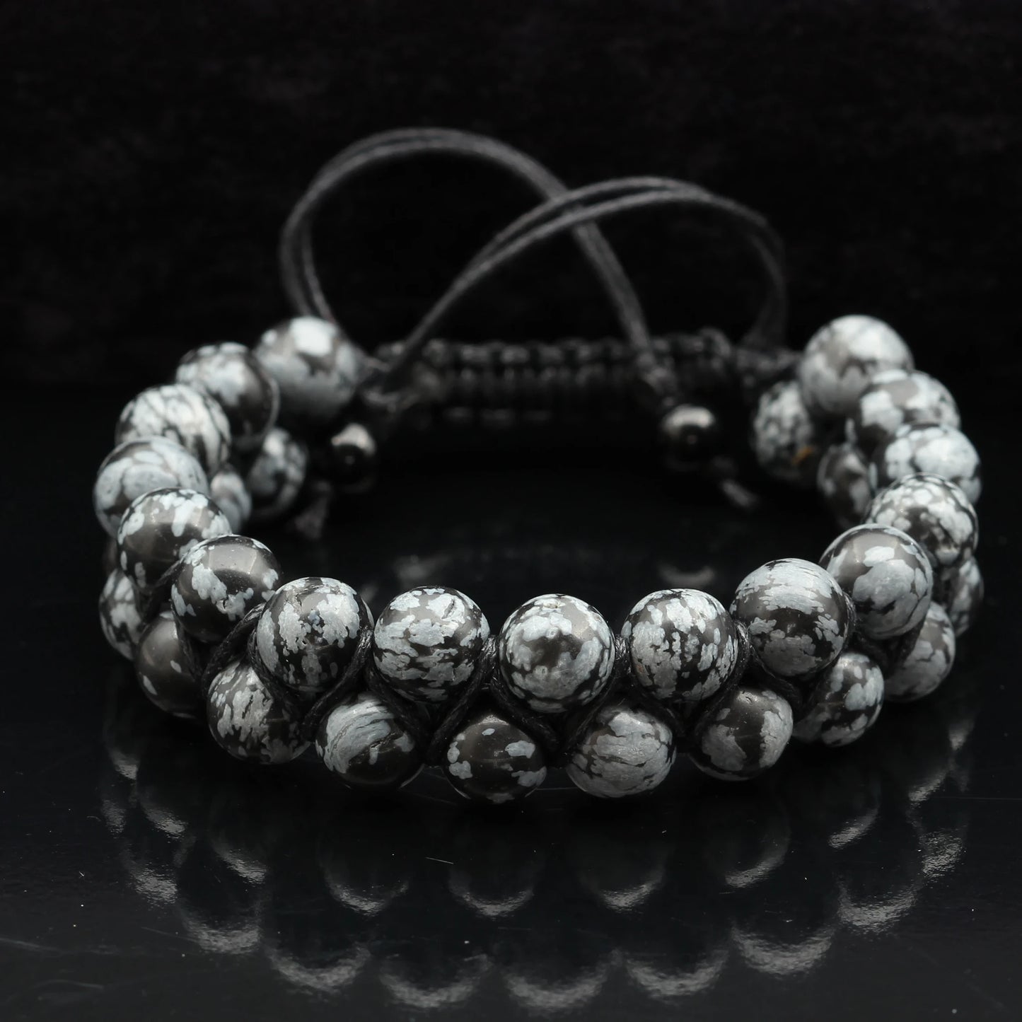 Natural Snowflake Obsidian Beaded Double Row Macrame Bracelet - ElisaJewelryArt