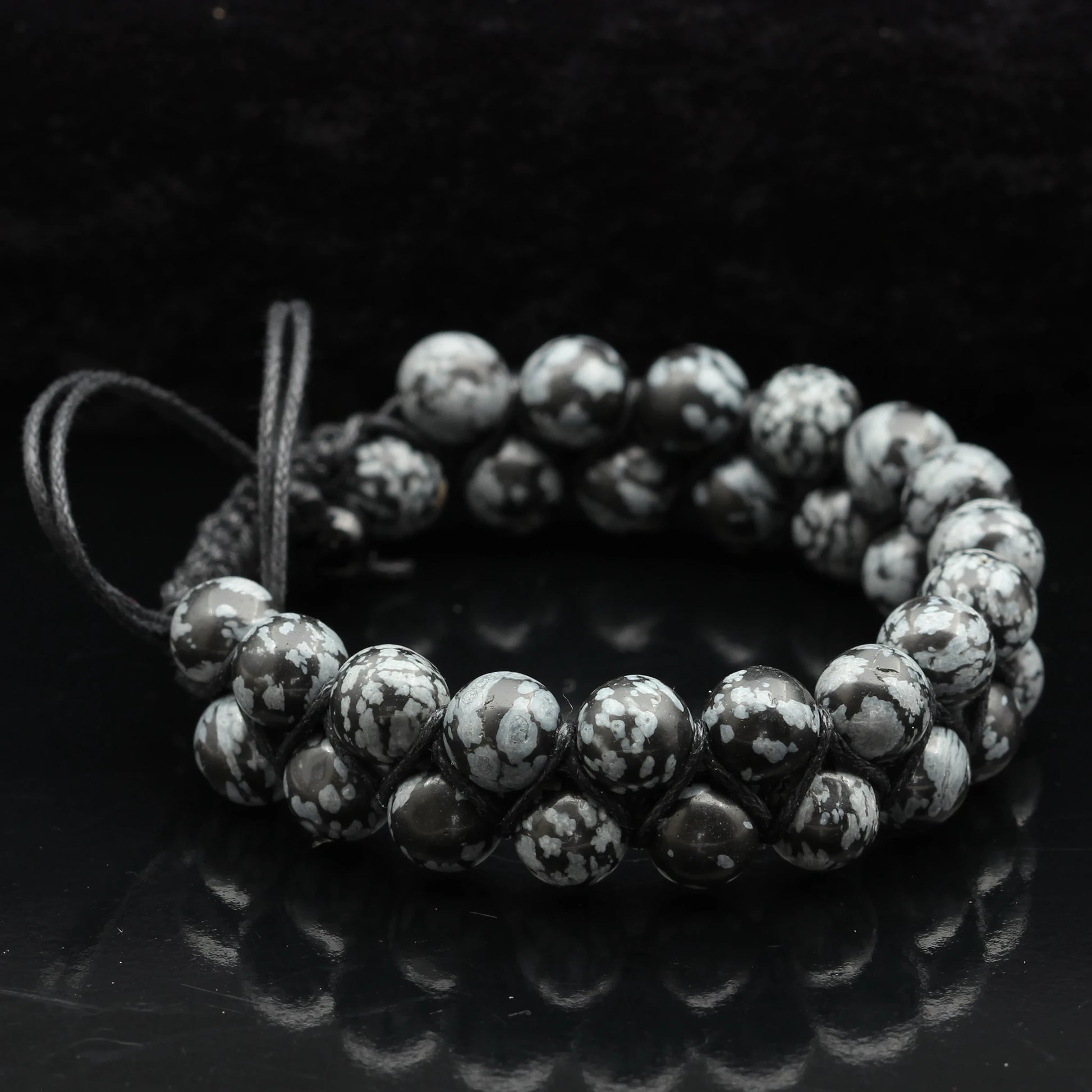 Natural Snowflake Obsidian Beaded Double Row Macrame Bracelet - ElisaJewelryArt