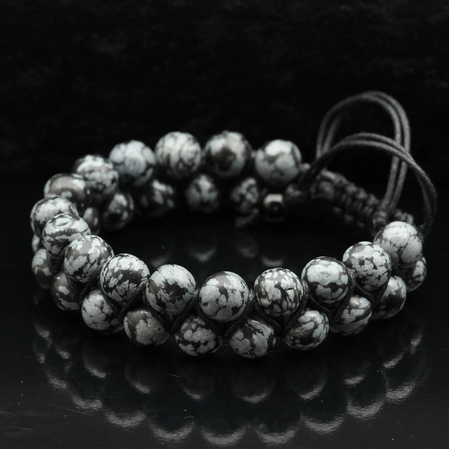 Natural Snowflake Obsidian Beaded Double Row Macrame Bracelet - ElisaJewelryArt