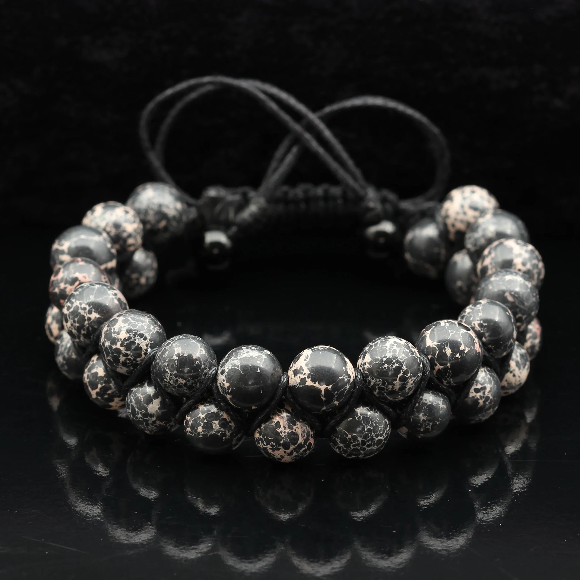 Natural Black Imperial Jasper Beaded Double Row Macrame Bracelet - ElisaJewelryArt