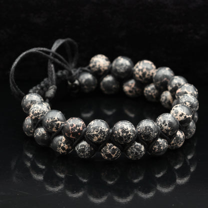 Natural Black Imperial Jasper Beaded Double Row Macrame Bracelet - ElisaJewelryArt