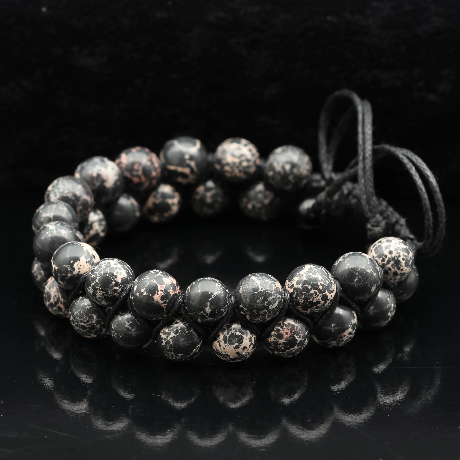 Natural Black Imperial Jasper Beaded Double Row Macrame Bracelet - ElisaJewelryArt