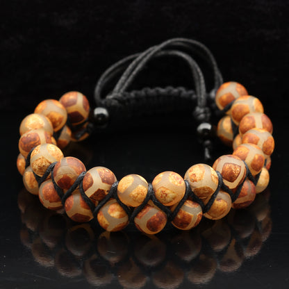 Natural Brown Tibetan Agate Beaded Double Row Macrame Bracelet - ElisaJewelryArt