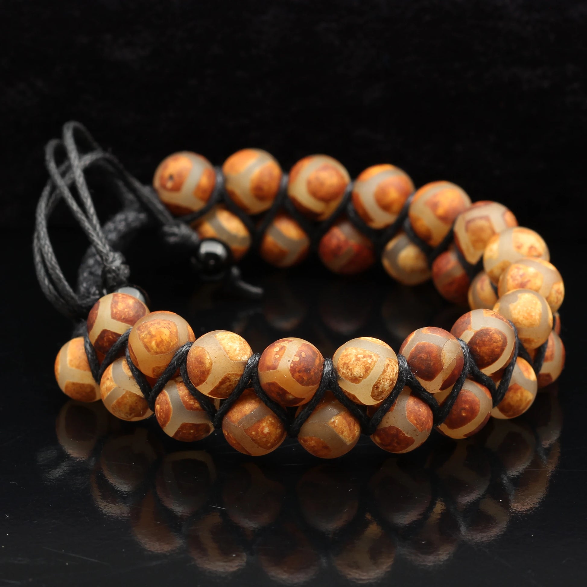 Natural Brown Tibetan Agate Beaded Double Row Macrame Bracelet - ElisaJewelryArt