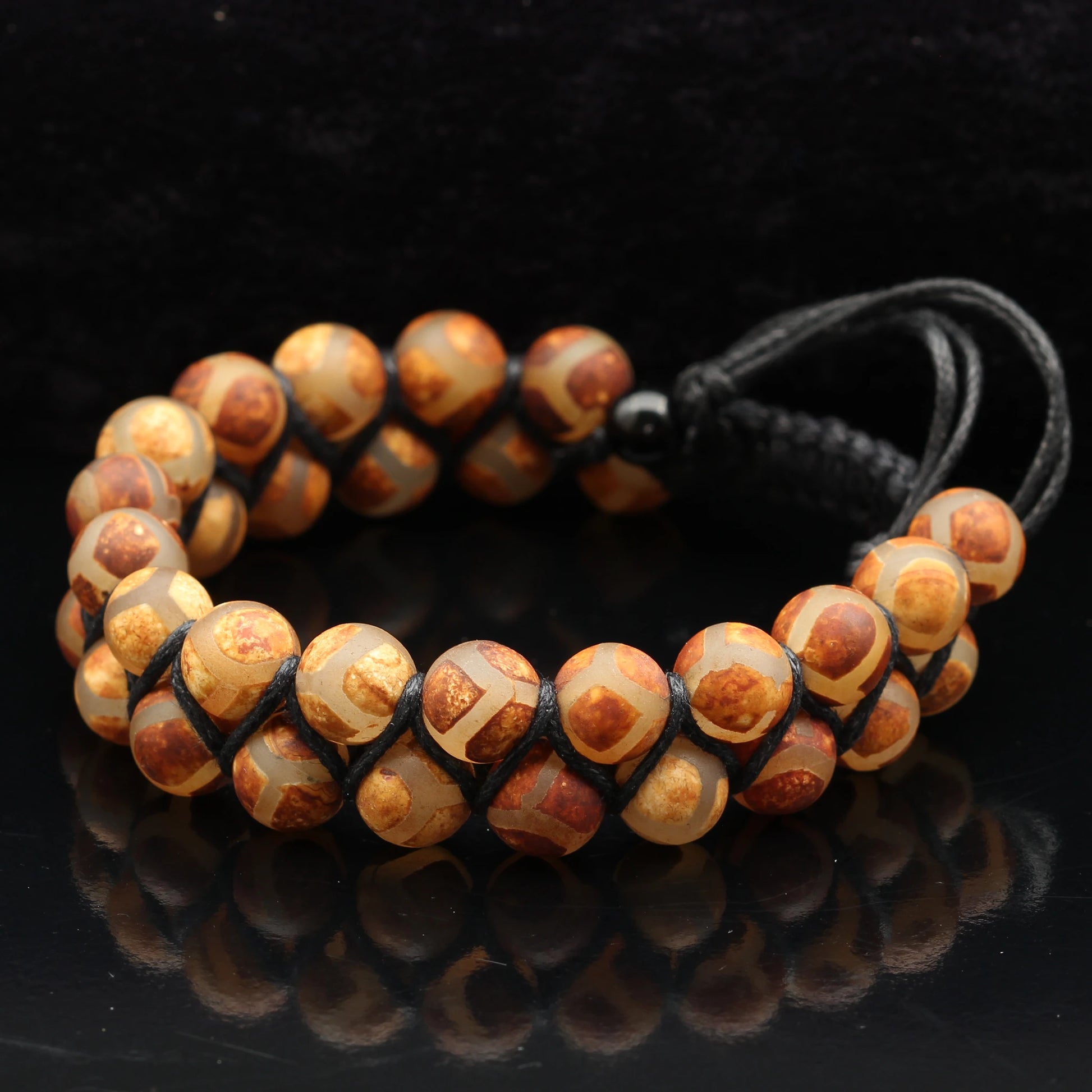 Natural Brown Tibetan Agate Beaded Double Row Macrame Bracelet - ElisaJewelryArt