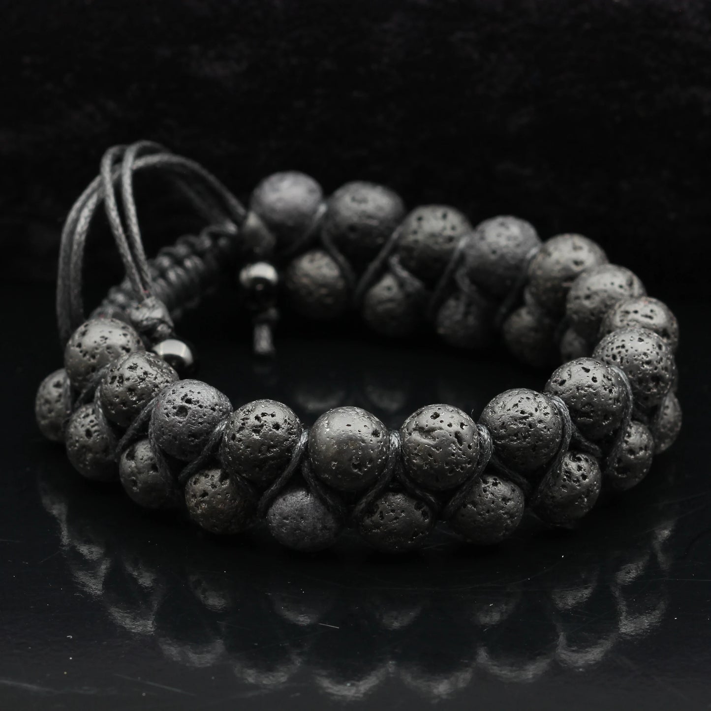 Natural Lava Stone Beaded Double Row Macrame Bracelet - ElisaJewelryArt