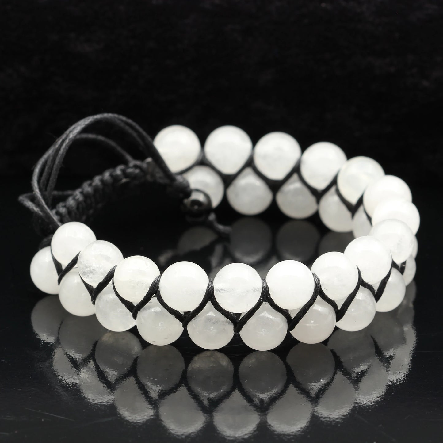 Natural Selenite Beaded Double Row Macrame Bracelet - ElisaJewelryArt