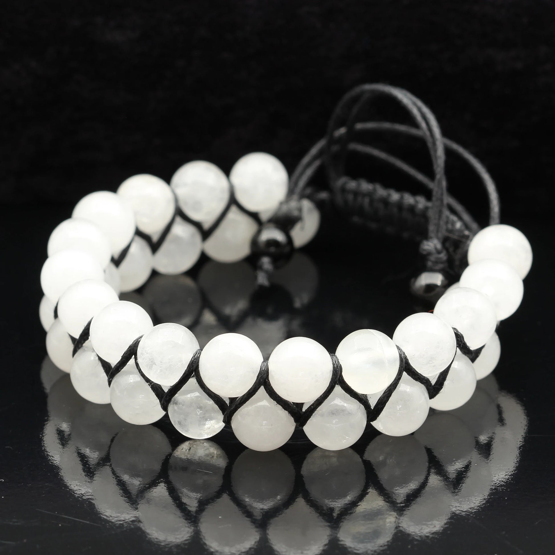 Natural Selenite Beaded Double Row Macrame Bracelet - ElisaJewelryArt