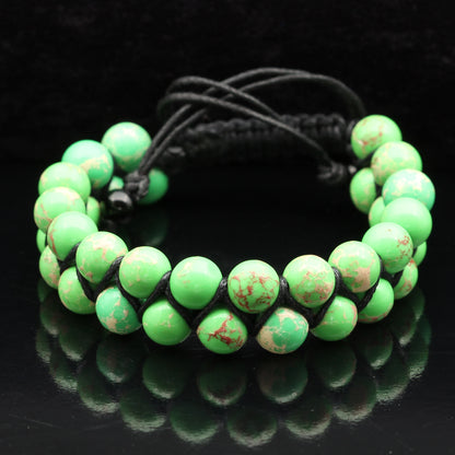 Natural Green Imperial Jasper Beaded Double Row Macrame Bracelet - ElisaJewelryArt