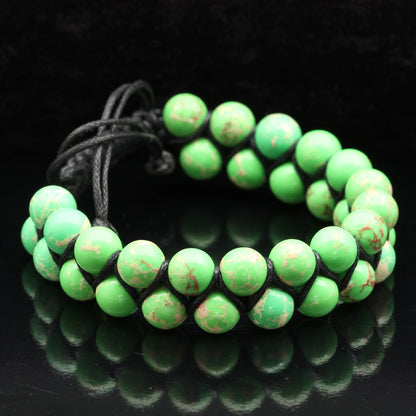 Natural Green Imperial Jasper Beaded Double Row Macrame Bracelet - ElisaJewelryArt