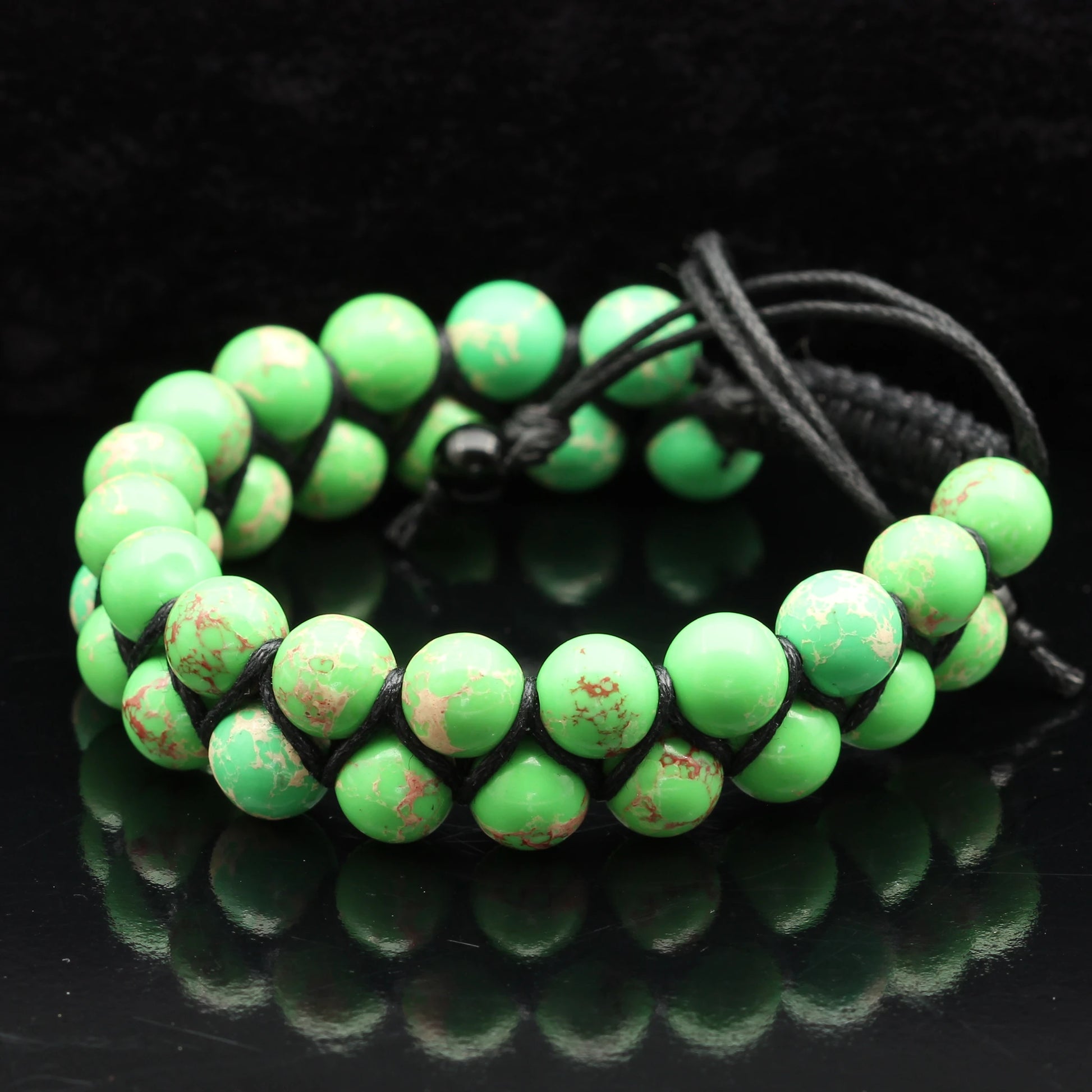 Natural Green Imperial Jasper Beaded Double Row Macrame Bracelet - ElisaJewelryArt