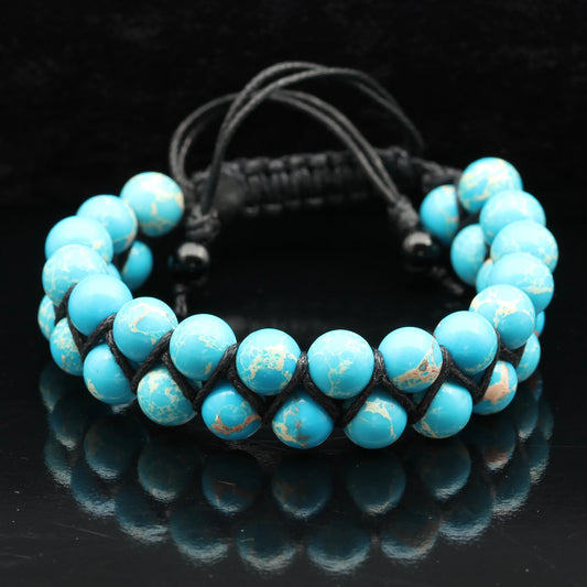 Natural Light Blue Imperial Jasper Beaded Double Row Macrame Bracelet - ElisaJewelryArt