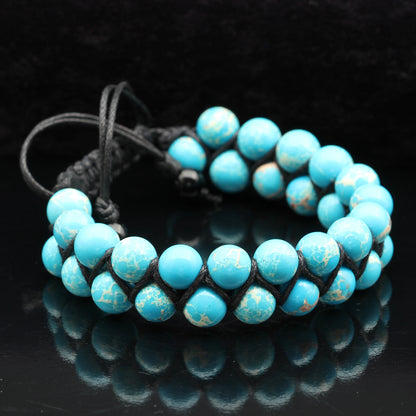 Natural Light Blue Imperial Jasper Beaded Double Row Macrame Bracelet - ElisaJewelryArt