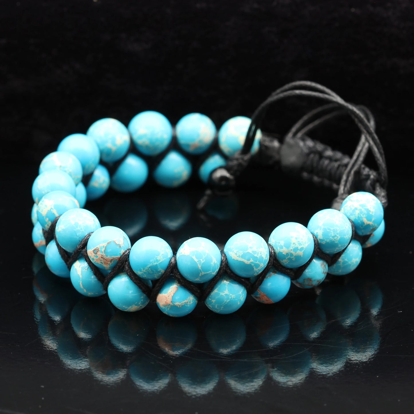 Natural Light Blue Imperial Jasper Beaded Double Row Macrame Bracelet - ElisaJewelryArt