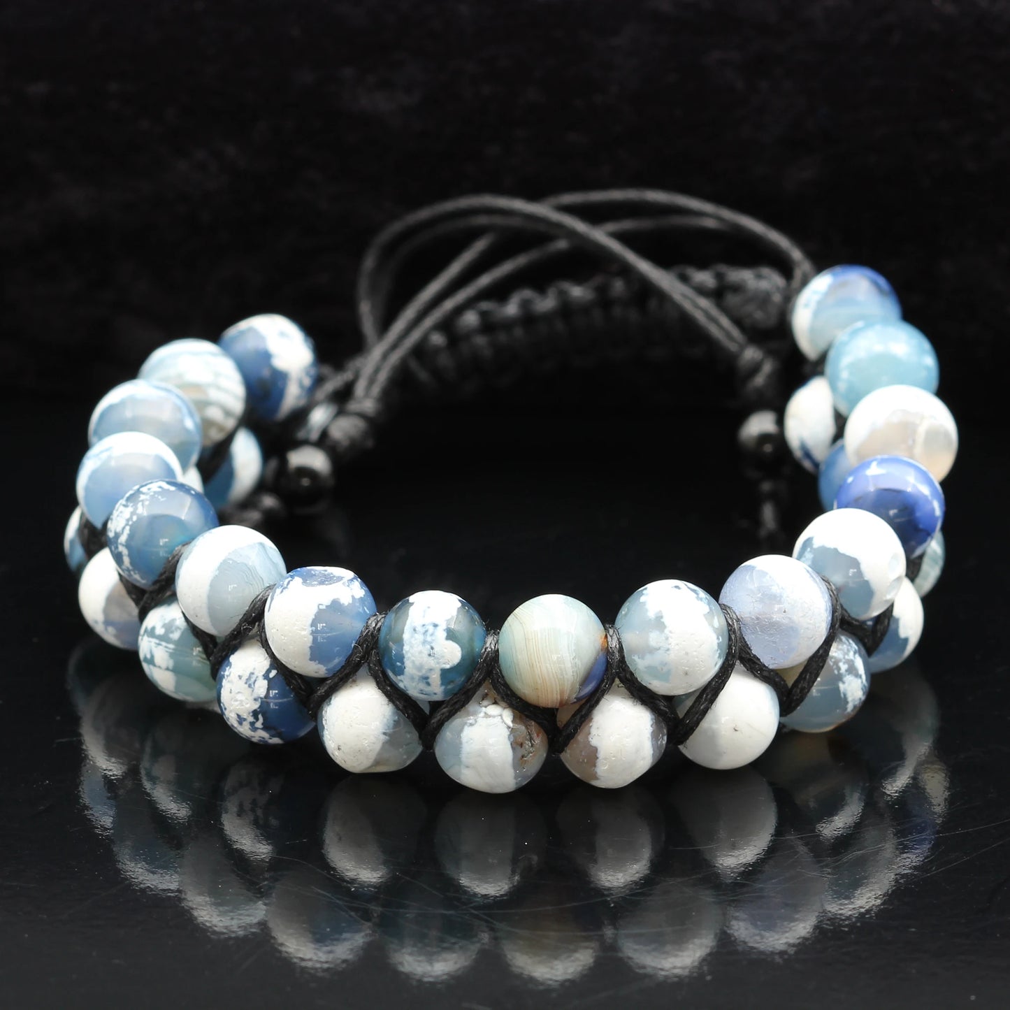 Natural Blue Tibetan Agate Beaded Double Row Macrame Bracelet - ElisaJewelryArt