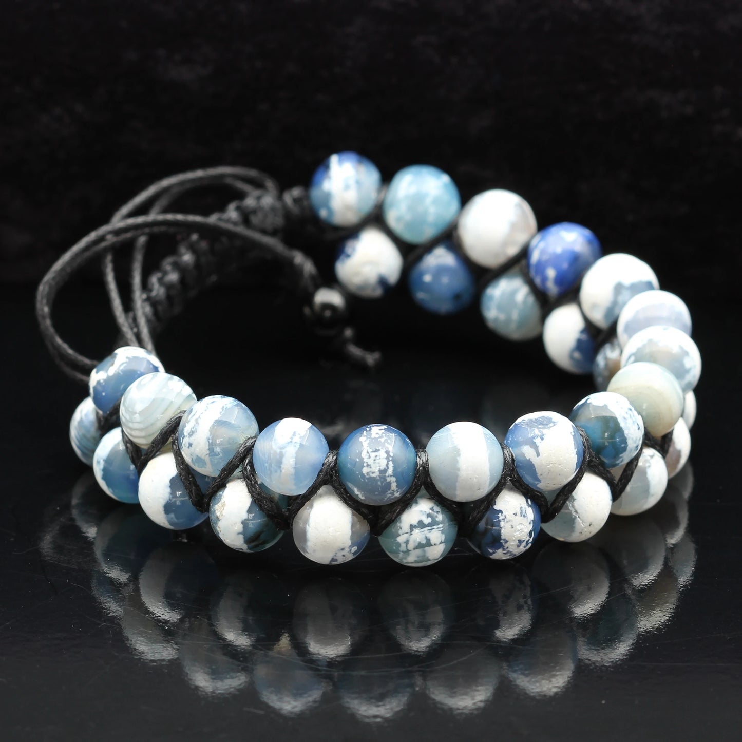 Natural Blue Tibetan Agate Beaded Double Row Macrame Bracelet - ElisaJewelryArt