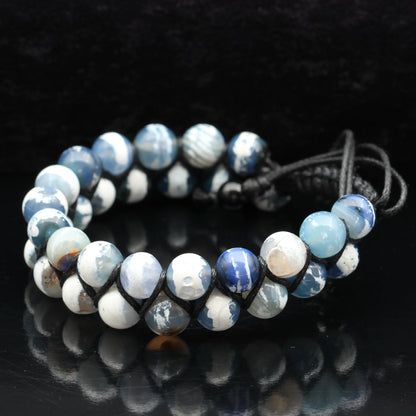 Natural Blue Tibetan Agate Beaded Double Row Macrame Bracelet - ElisaJewelryArt