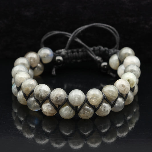 Natural Labradorite Beaded Double Row Macrame Bracelet - ElisaJewelryArt