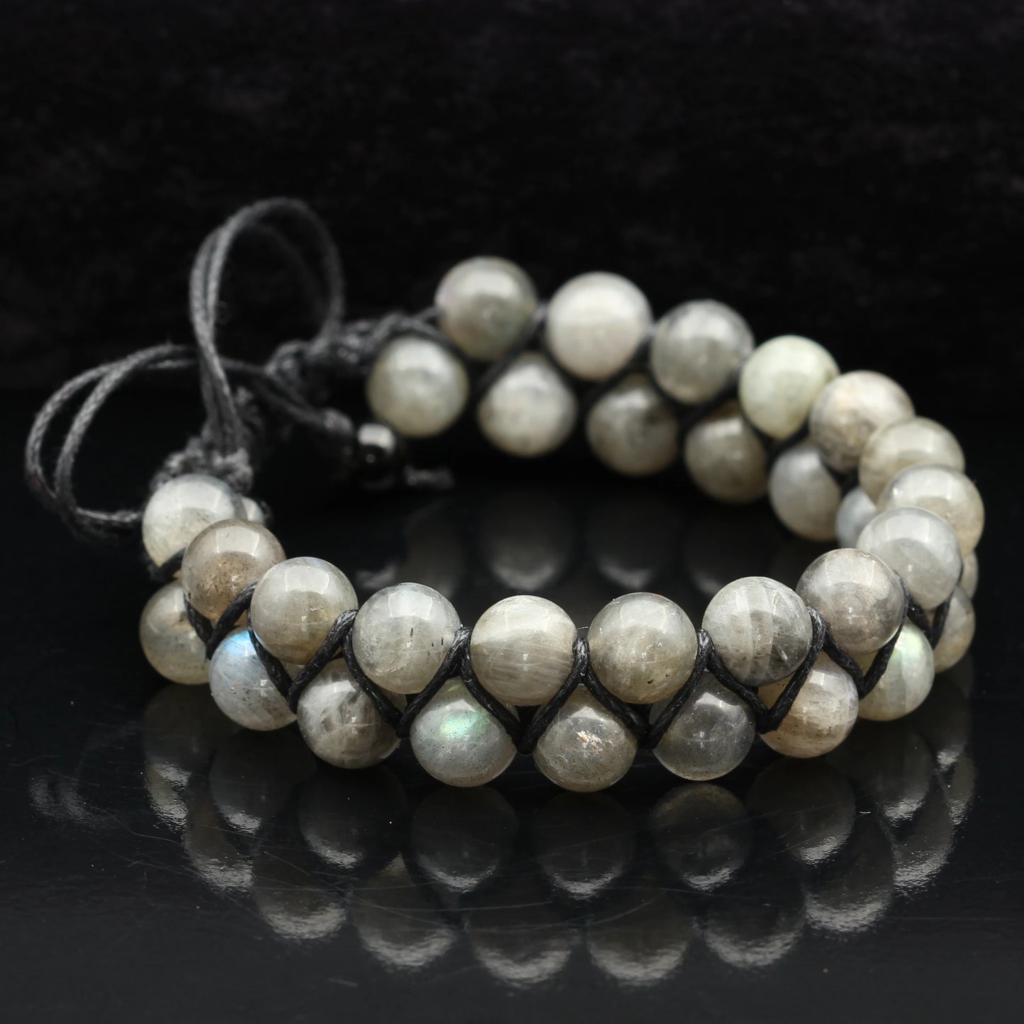 Natural Labradorite Beaded Double Row Macrame Bracelet - ElisaJewelryArt