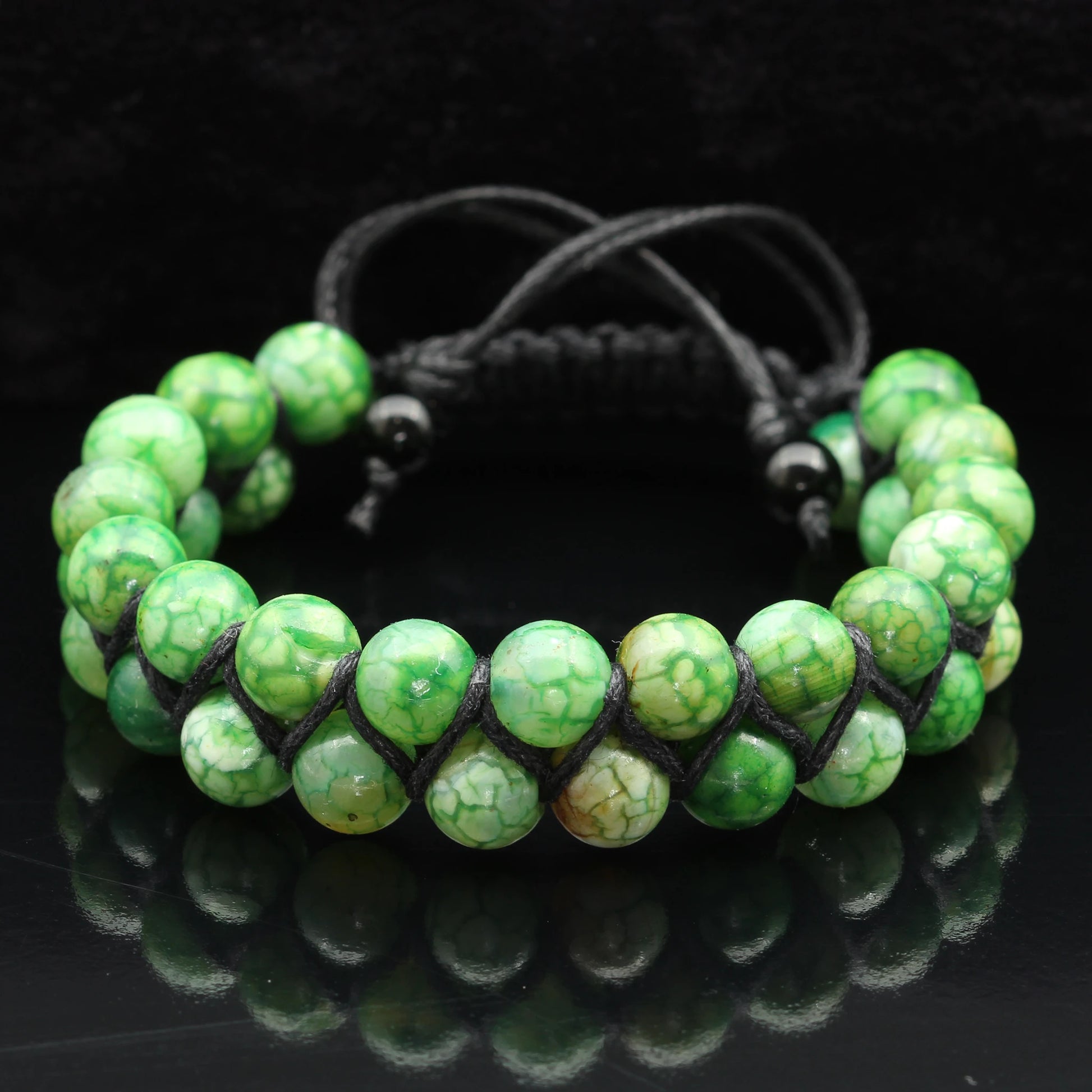 Natural Green Crackle Agate Beaded Double Row Macrame Bracelet - ElisaJewelryArt