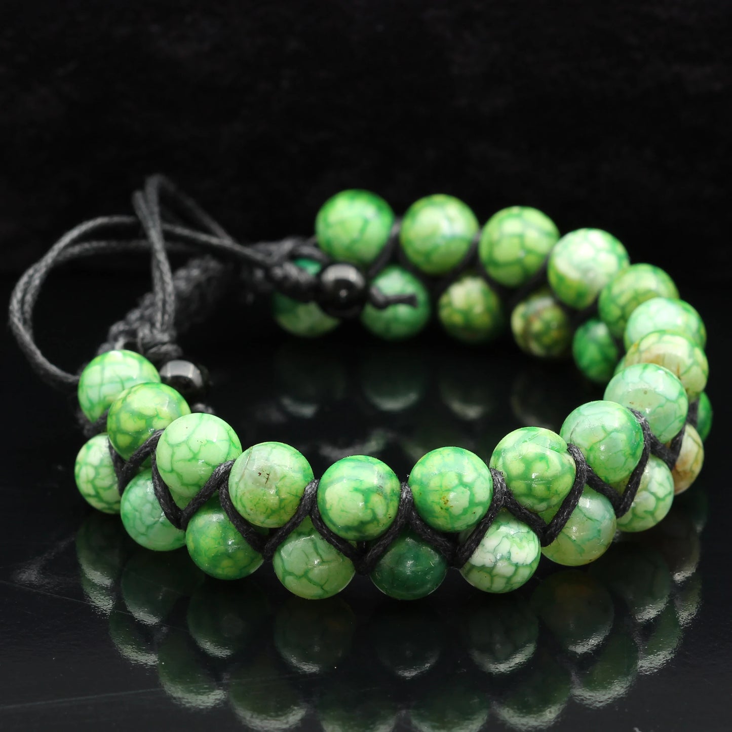 Natural Green Crackle Agate Beaded Double Row Macrame Bracelet - ElisaJewelryArt