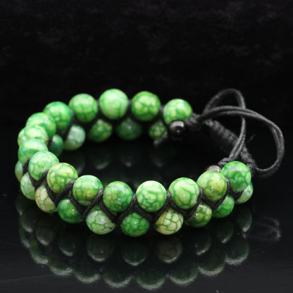 Natural Green Crackle Agate Beaded Double Row Macrame Bracelet - ElisaJewelryArt