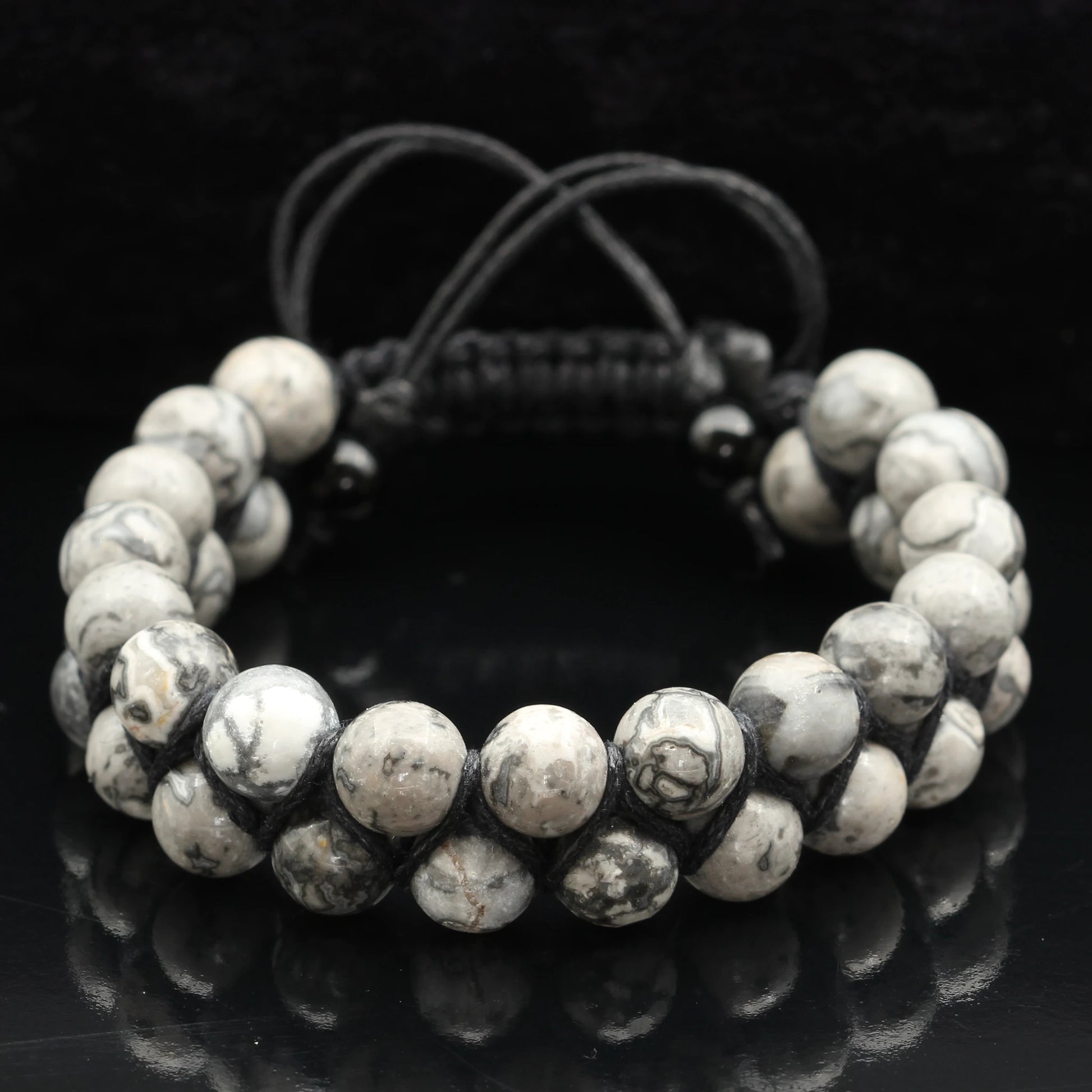 Natural Gray Picasso Jasper Beaded Double Row Macrame Bracelet - ElisaJewelryArt