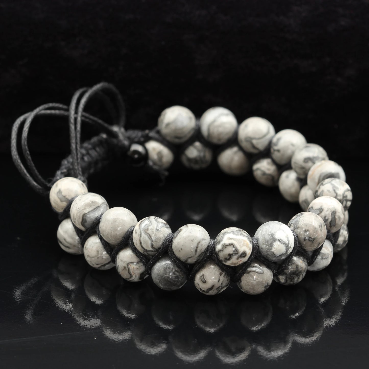 Natural Gray Picasso Jasper Beaded Double Row Macrame Bracelet - ElisaJewelryArt