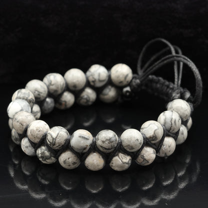 Natural Gray Picasso Jasper Beaded Double Row Macrame Bracelet - ElisaJewelryArt