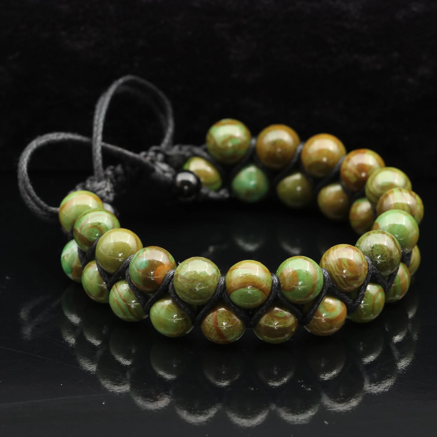 Natural Green Jasper Beaded Double Row Macrame Bracelet - ElisaJewelryArt