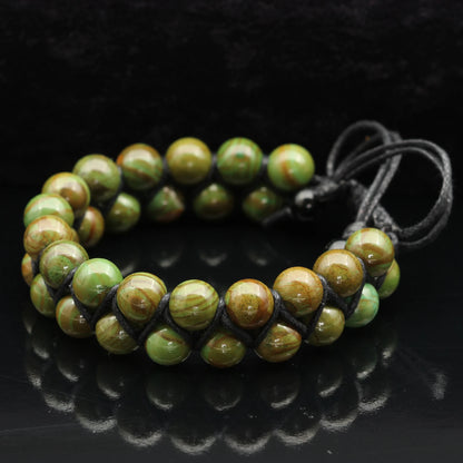 Natural Green Jasper Beaded Double Row Macrame Bracelet - ElisaJewelryArt