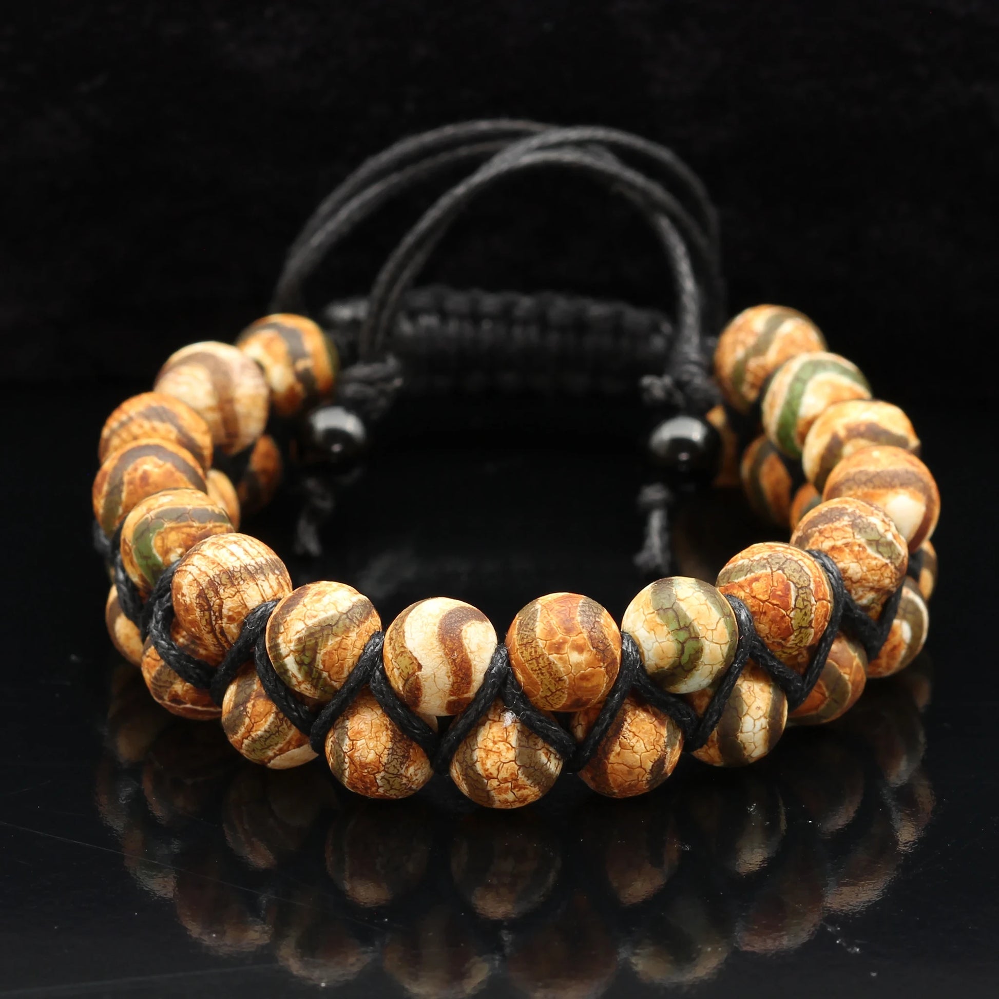 Natural Brown Tibetan Agate Beaded Double Row Macrame Bracelet - ElisaJewelryArt