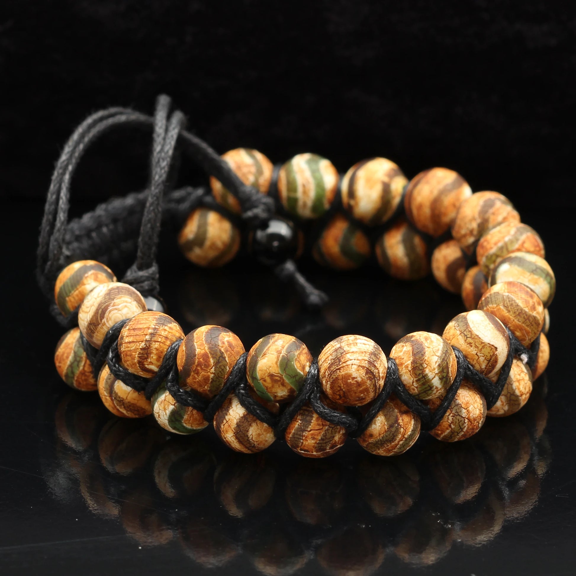 Natural Brown Tibetan Agate Beaded Double Row Macrame Bracelet - ElisaJewelryArt