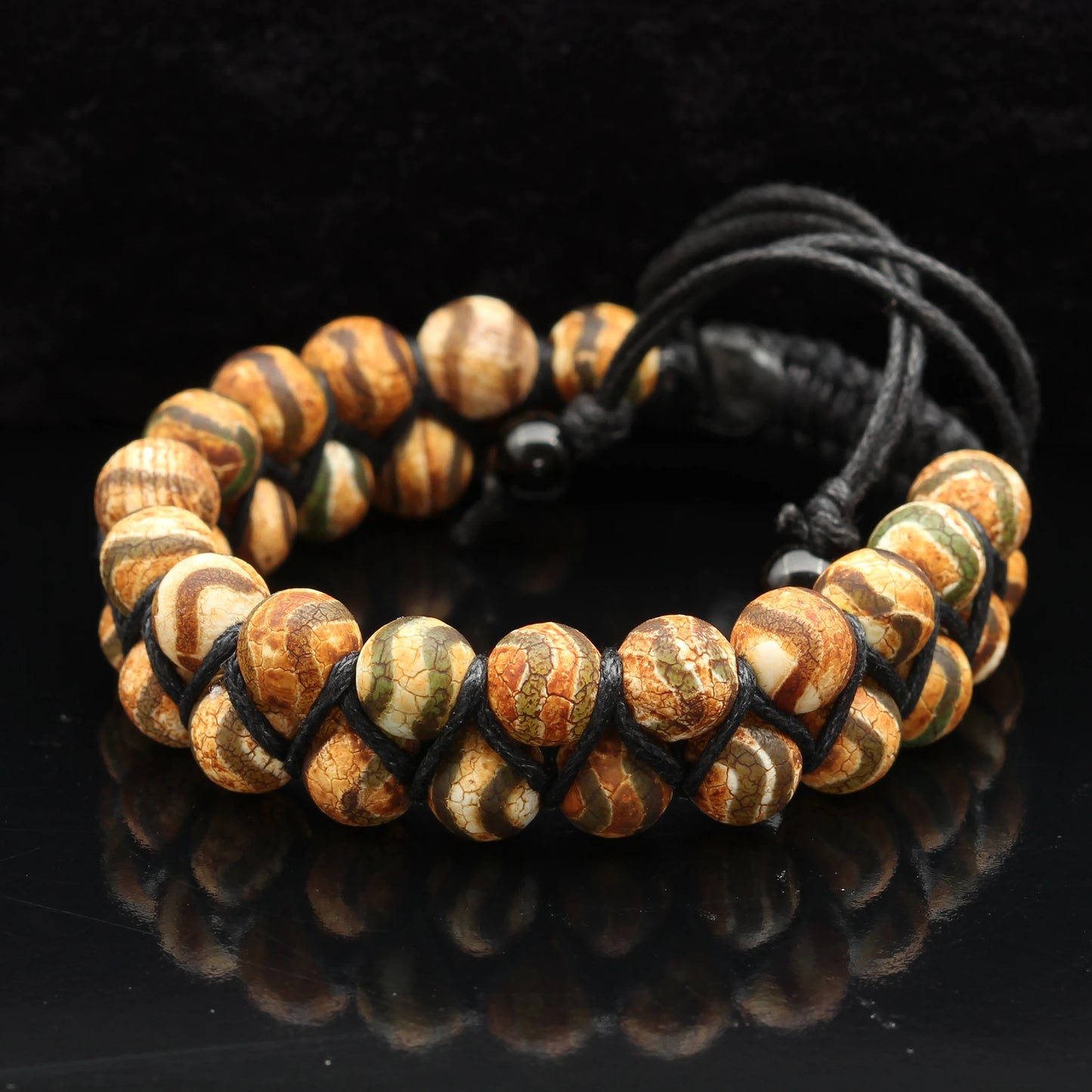 Natural Brown Tibetan Agate Beaded Double Row Macrame Bracelet - ElisaJewelryArt