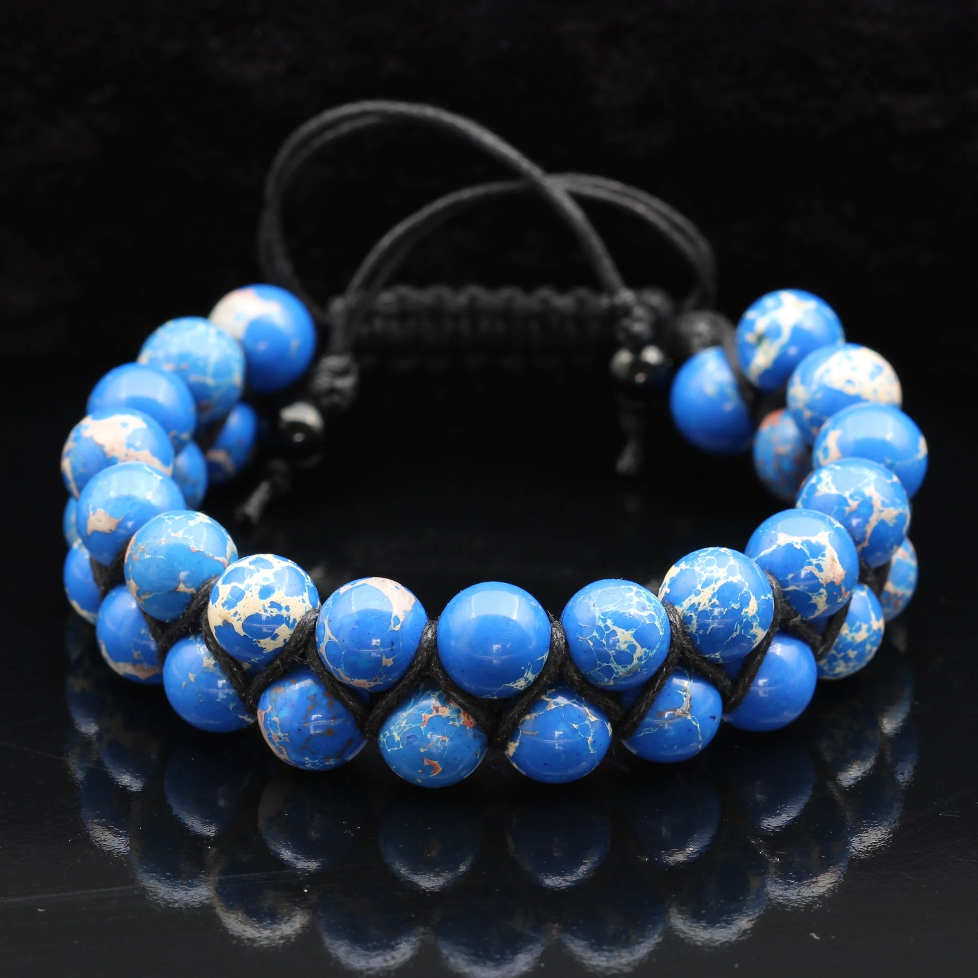 Natural Blue Imperial Jasper Beaded Double Row Macrame Bracelet - ElisaJewelryArt