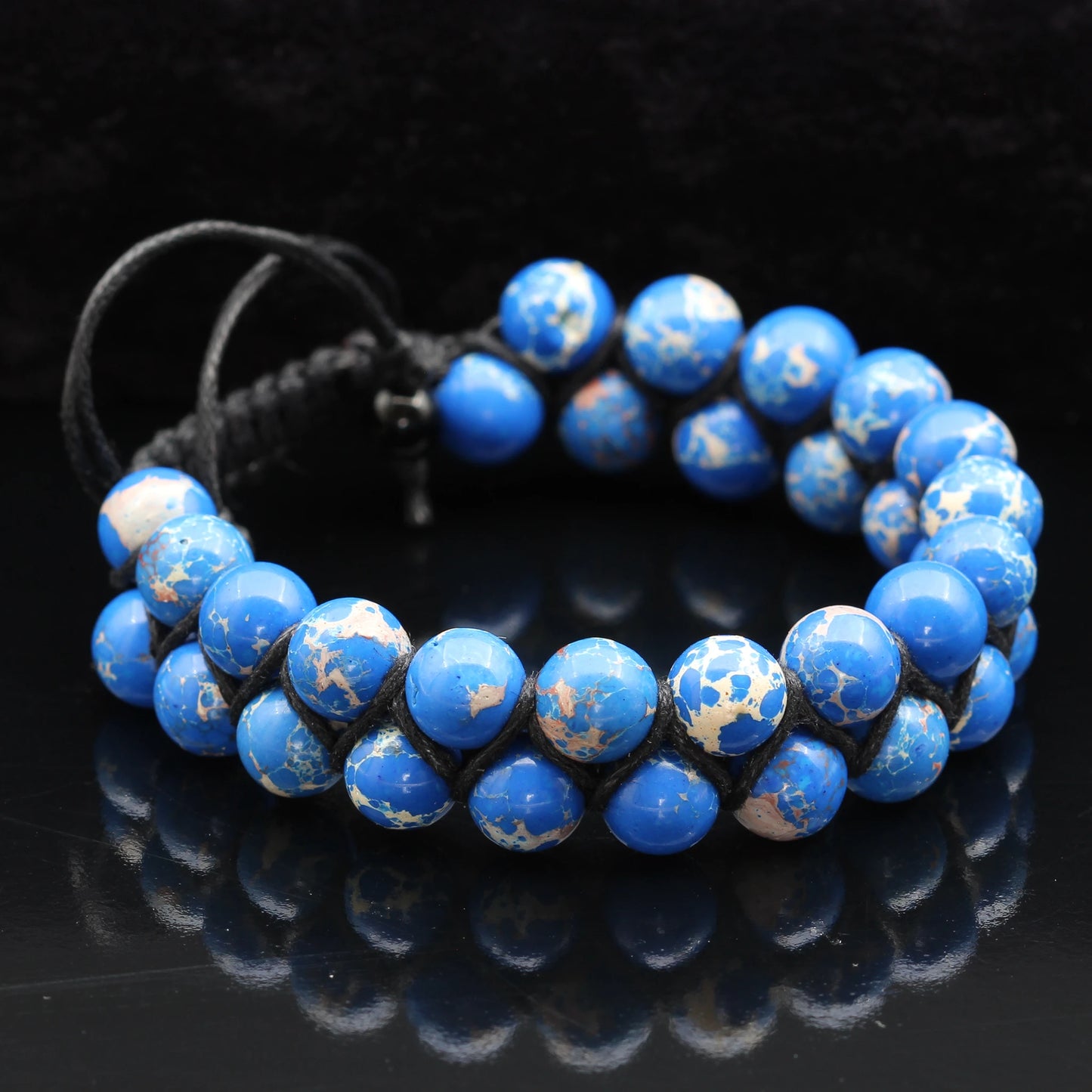 Natural Blue Imperial Jasper Beaded Double Row Macrame Bracelet - ElisaJewelryArt