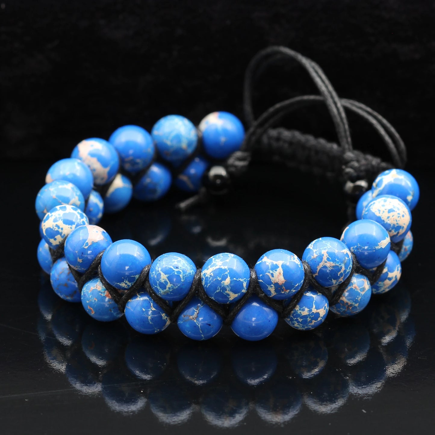 Natural Blue Imperial Jasper Beaded Double Row Macrame Bracelet - ElisaJewelryArt