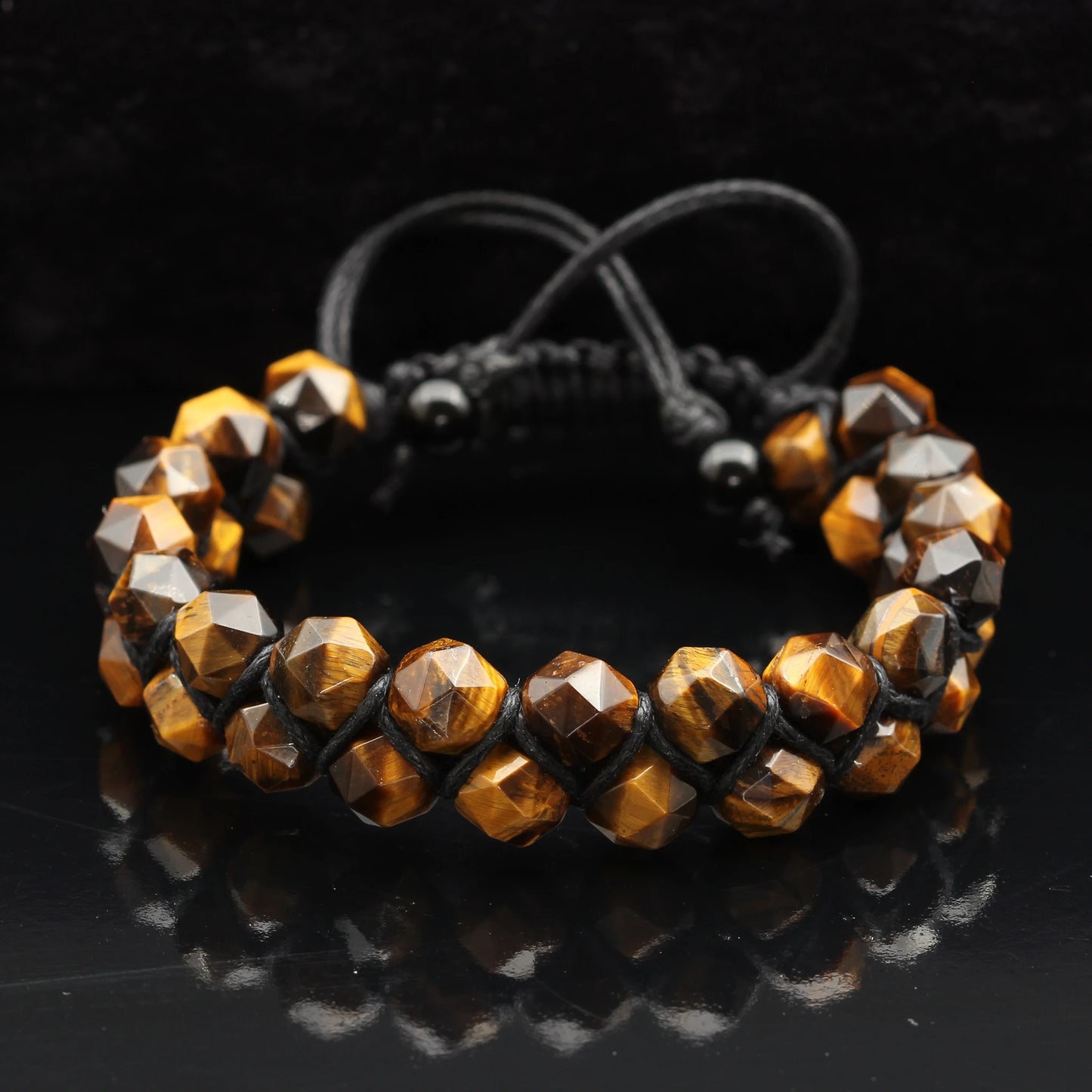 Natural Tiger Eye Beaded Double Row Macrame Bracelet - ElisaJewelryArt