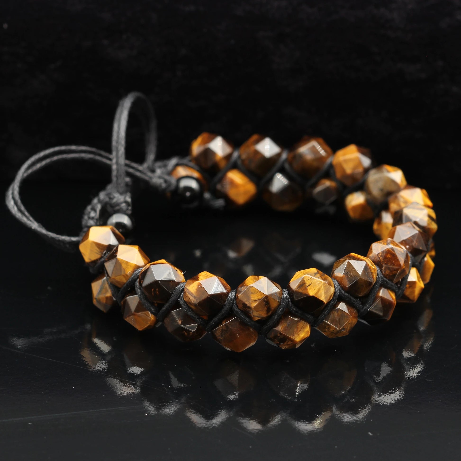 Natural Tiger Eye Beaded Double Row Macrame Bracelet - ElisaJewelryArt