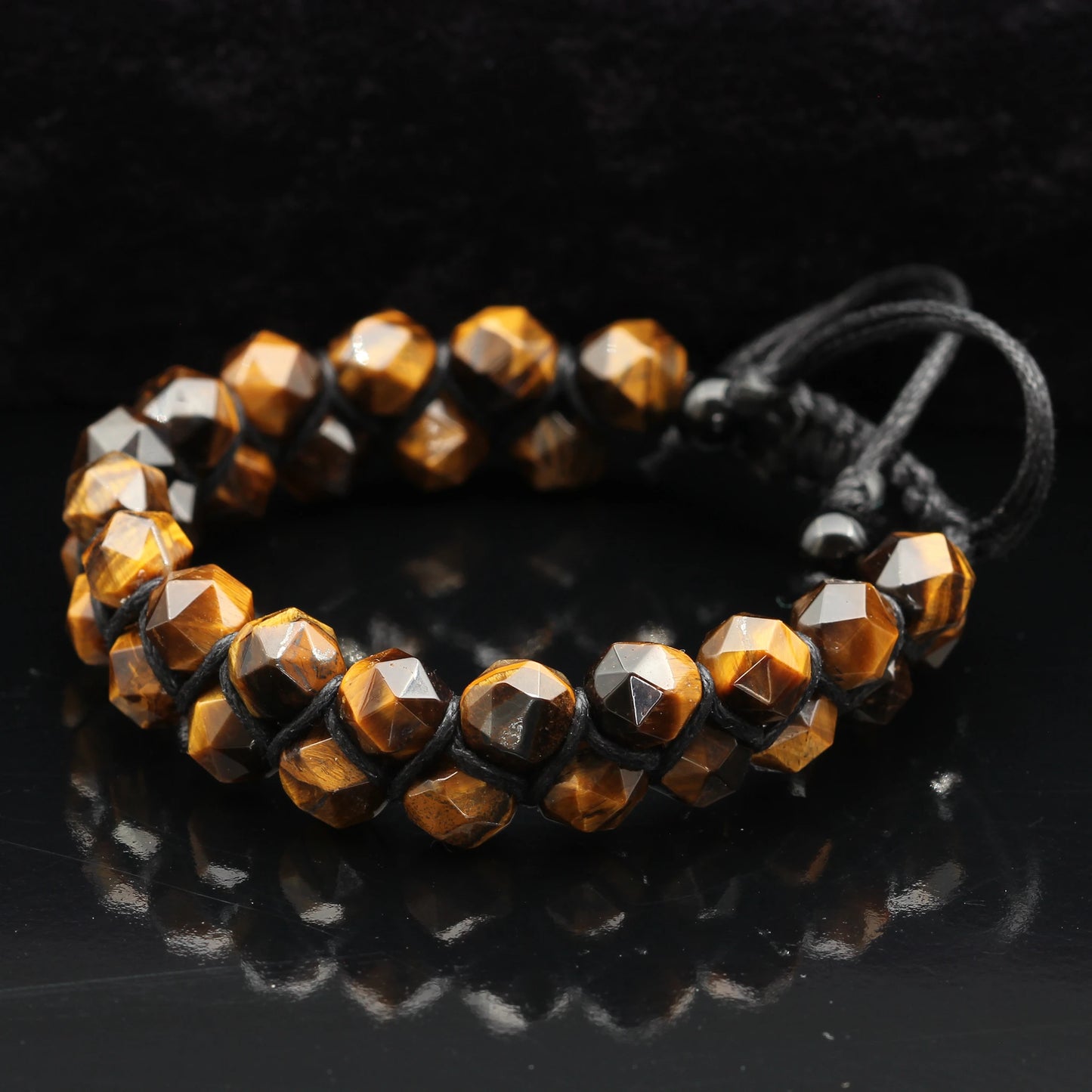 Natural Tiger Eye Beaded Double Row Macrame Bracelet - ElisaJewelryArt