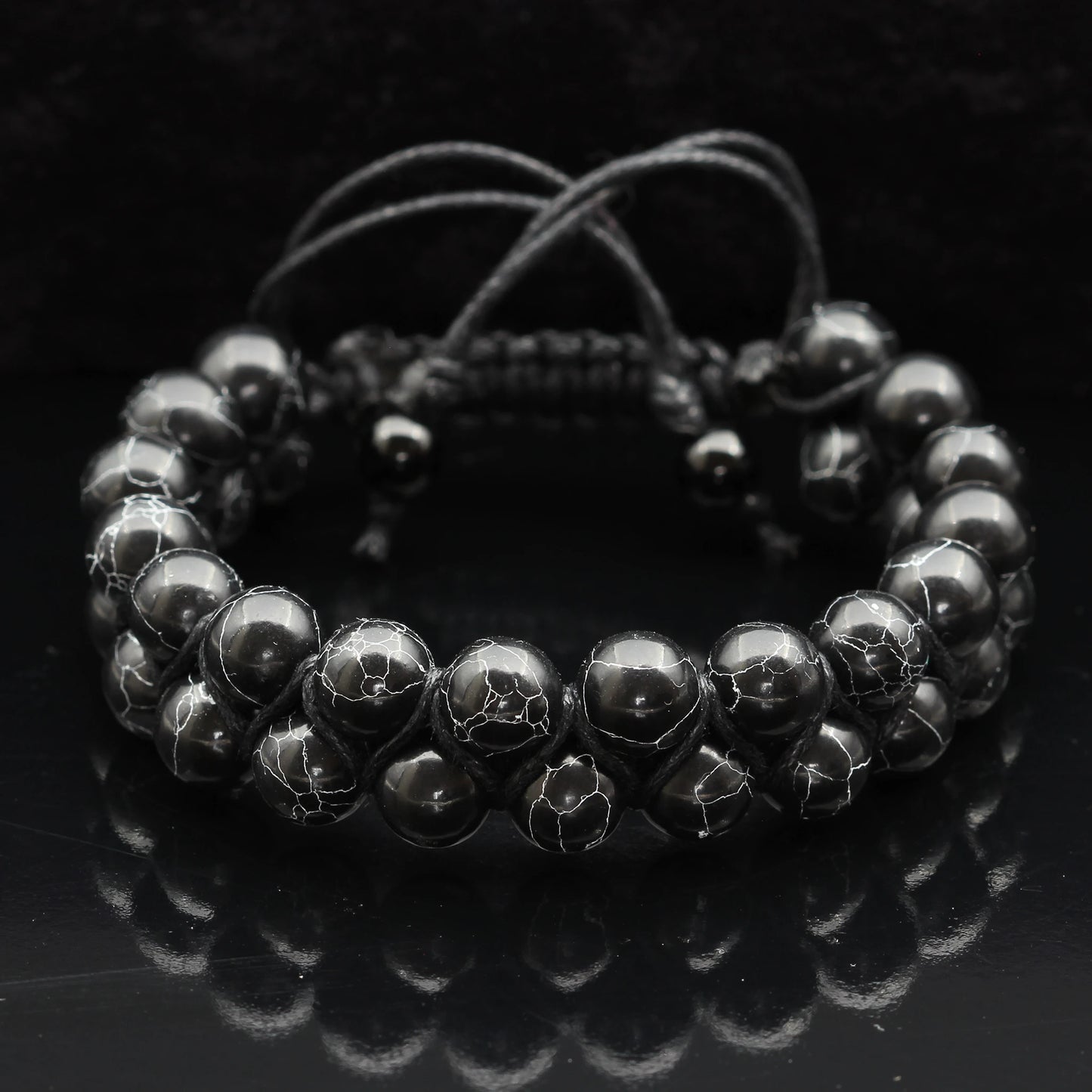 Natural Black Howlite Beaded Double Row Macrame Bracelet - ElisaJewelryArt