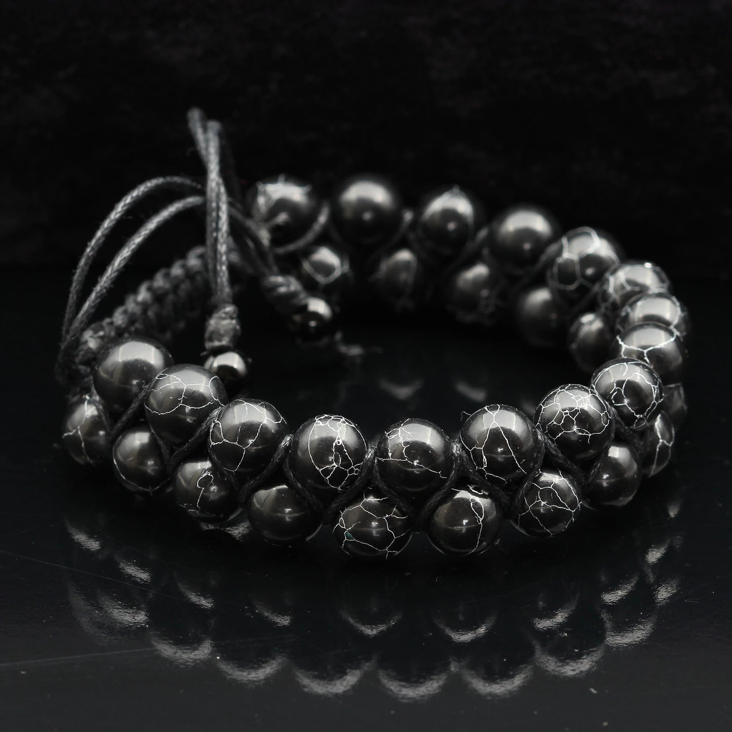 Natural Black Howlite Beaded Double Row Macrame Bracelet - ElisaJewelryArt