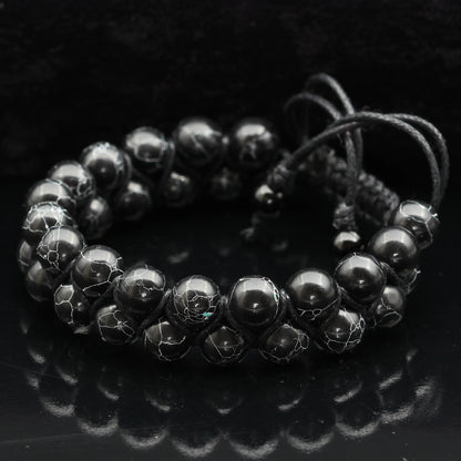 Natural Black Howlite Beaded Double Row Macrame Bracelet - ElisaJewelryArt